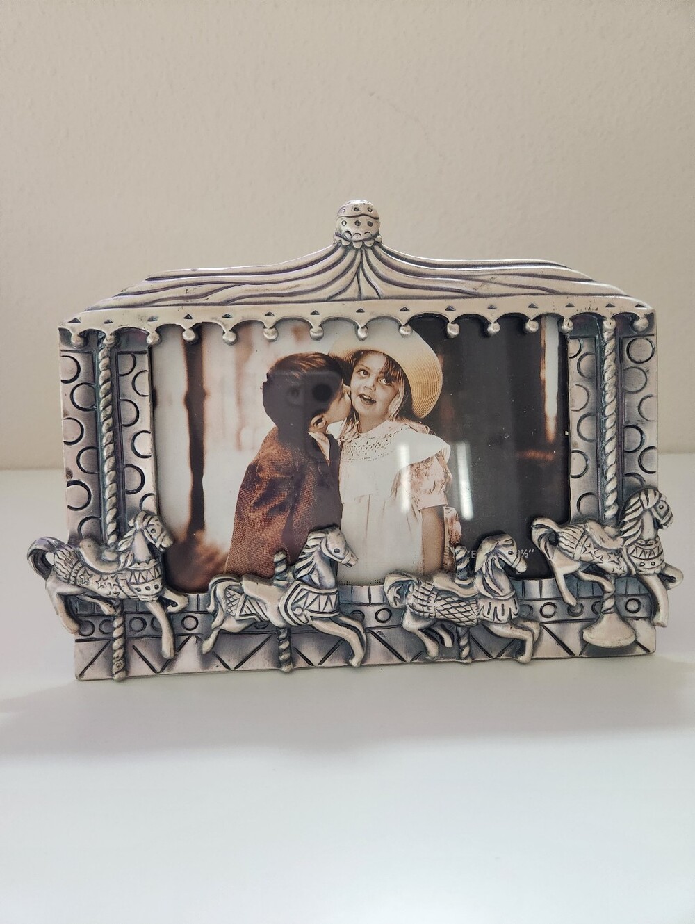 Vintage Carousel Horse Picture Frame Silver Tone Nursery Decor 3.5x5